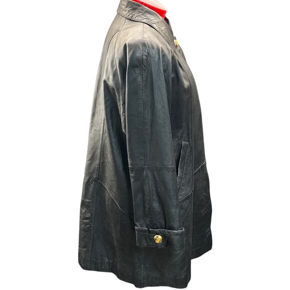 Hillary Paige Vintage 80s 90s 2 Gold Button Black Leather Trench Coat Women PL - Picture 4 of 7